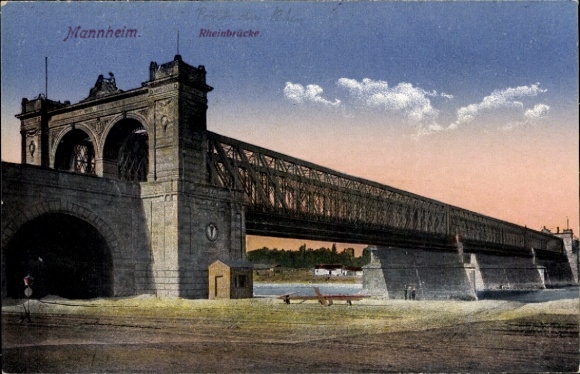 Postcard Rheinau Mannheim in Baden, Rhine Bridge, Brown Sky, Bridge, Building, River