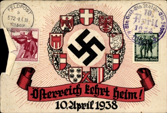 Coat of arms Postcard Austria returns home, April 10, 1938, Greater Germany, Anschluss