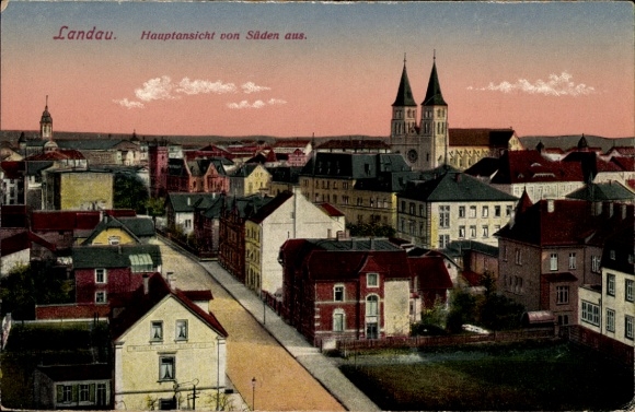 Postcard Landau in der Pfalz, main view from the south, city view, buildings, towers