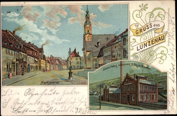Kunstenaar Litho Dutzauer, Lunzenau in Saksen, marktplein, energiecentrale O. Beyer
