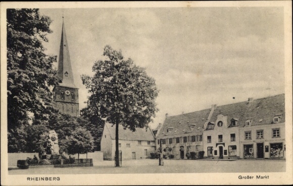 Ak Rheinberg am Niederrhein, Großer Markt, Kirche, Denkmal, Geschäfte
