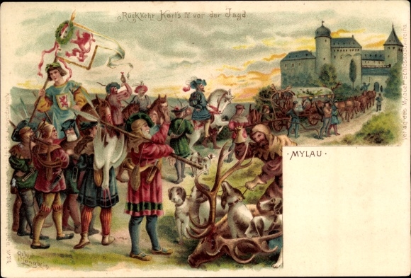 Artist Chromo-Litho Langbein, Robert, Mylau im Vogtland, Return of Charles IV from the hunt