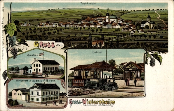 Postcard Großwinternheim Ingelheim am Rhein, general view, train station, hall building