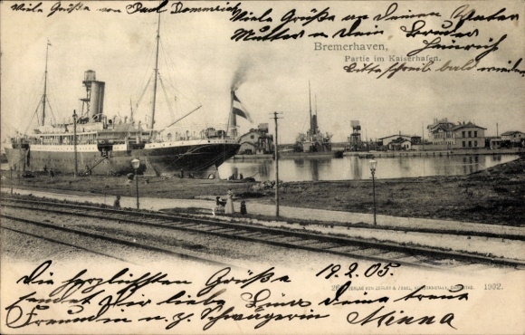 KP Bremerhaven, statek w porcie, z 1902 r., pozdrowienia z Minny