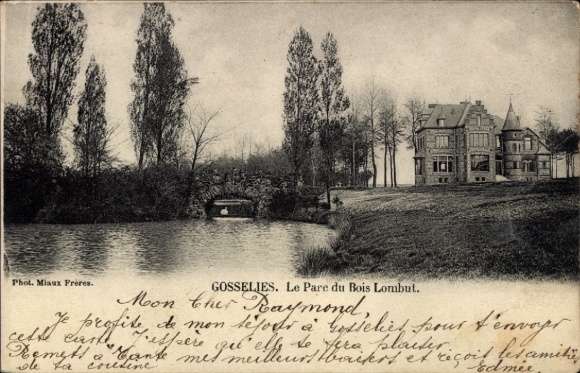 Postcard Gosselies Charleroi Wallonia Hainaut, historical building, park landscape, bridge, trees,