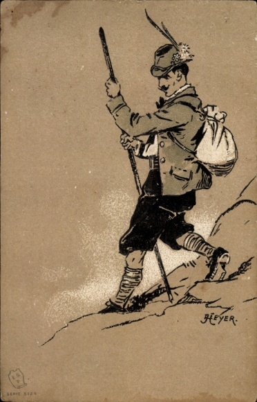 Embossing artist Postcard Heyer, man with chamois beard, stick and backpack, hiker