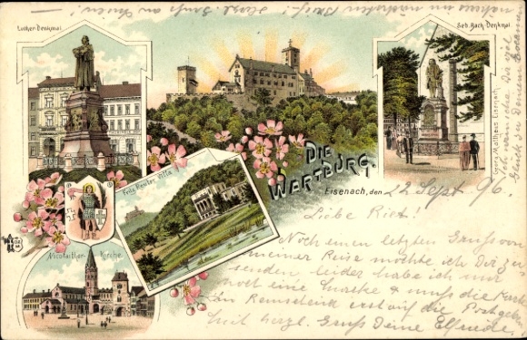 Vorläufer Litho Lutherstadt Eisenach in Thüringen, Bach Denkmal, Wartburg, Lutherdenkmal, 1895