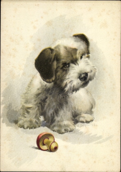 Artist Postcard Dermitzel, E., Small puppy, terrier, dog toy