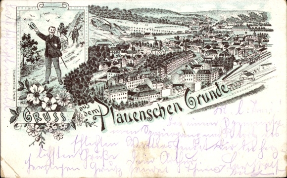 Chromo-Litho Dresden Süd Plauen, Plauenscher Grund, hikers, panorama of the town