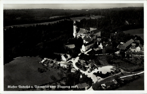Postcard Andechs am Ammersee Upper Bavaria, aerial photo of Ammersee Monastery, dark, forest, impressive archi
