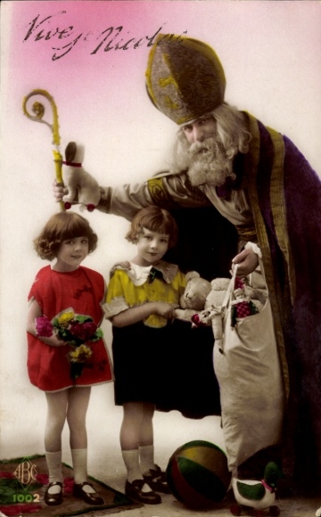 Postcard St. Nicholas with gift bag, children, teddy bear, stuffed dog