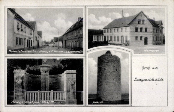 Ak Langeneichstädt Mücheln im Geiseltal, oorlogsmonument 1914/18, zuivelfabriek, winkel