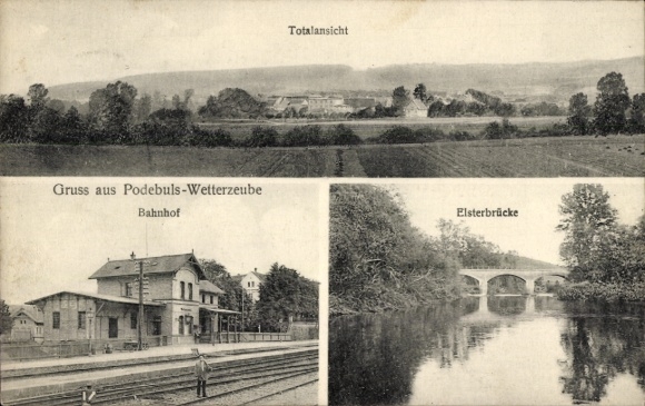Postcard Podebuls Wetterzeube in the Burgenland district, general view, station track side, Elster Bridge