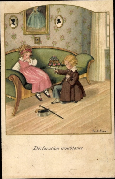 Kunstenaarskaart Ebner, Pauli, jongen met een boeket bloemen knielt voor een meisje