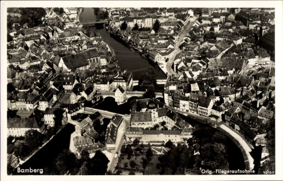 Postcard Bamberg in Upper Franconia, aerial view of idyllic old town, river, buildings