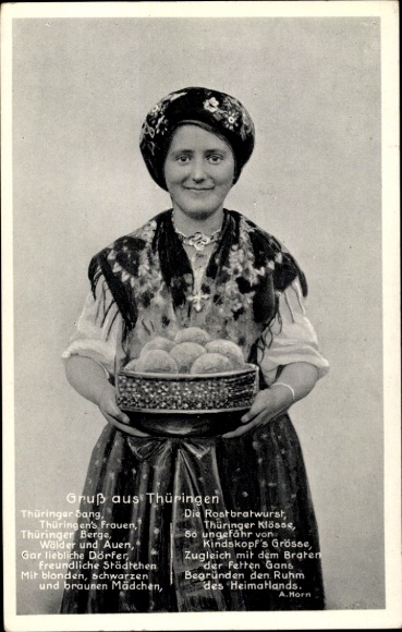 Ak Thüringer Tracht, Frau mit Klößen, Essen