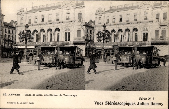 Stereo Postcard Antwerp Flanders, Place de Meir, tram stop