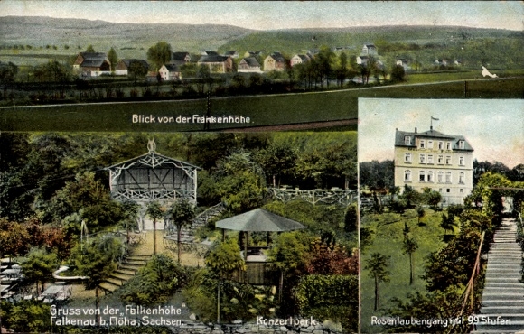 Ak Falkenau Flöha in Sachsen, Panoramaansicht, Blick von der Frankenhöhe, Konzertpark, Rosenla...