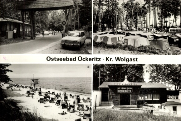 Postcard Ückeritz on the island of Usedom, campsite A 53, beach, fishing hut, Wartburg
