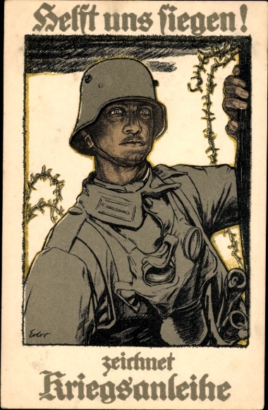 Künstler Ak Erler, Helft uns siegen, zeichnet Kriegsanleihe, Soldat in Stahlhelm mit Gasmaske, I. WK