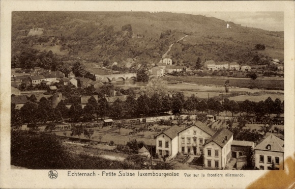Postcard Echternach Luxembourg, partial view, German border
