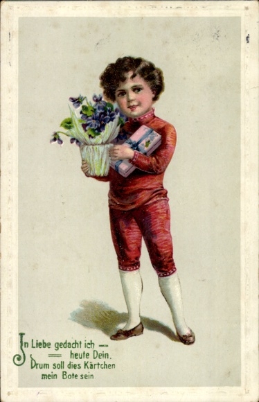 Ak Junge mit Blumenstrauß und Geschenk