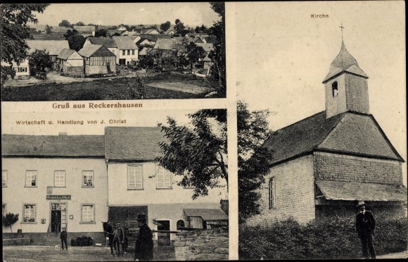 Postcard Reckershausen in the Hunsrück, economy and business, church, total view