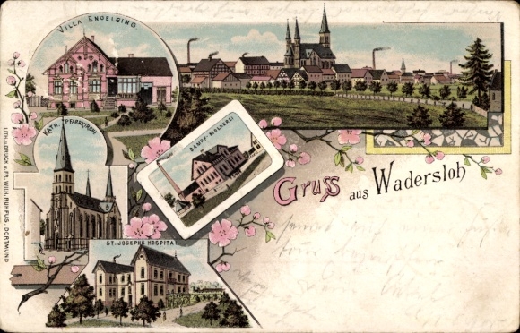 Chromo-Litho Wadersloh in Westphalia, Villa Engeling, church, hospital, total view