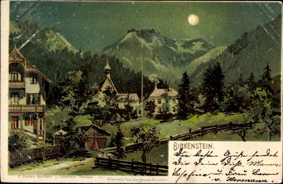 Chromo-Litho Birkenstein Fischbachau in Upper Bavaria, total view of the place, night scene