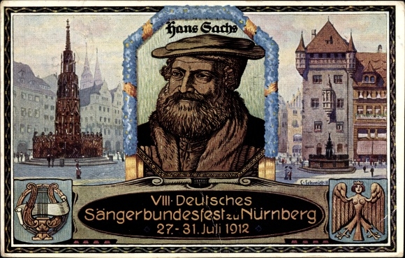 Postal stationery artist PC Schmidt, C., Nuremberg, 8th German National Singers Festival 1912, portrait of Hans Sachs