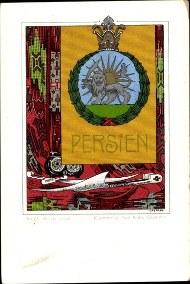 Künstler Wappen Ak Caspari G., Persien, Löwe, Sonne, Paul Kohl Chemnitz No. 58