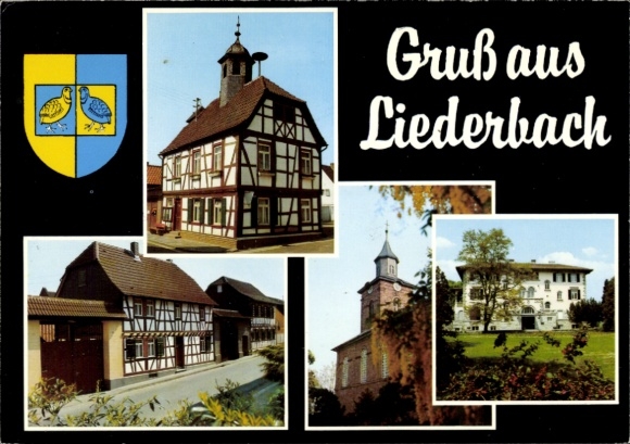 Postcard Liederbach am Taunus, partial views, coat of arms, half-timbered house
