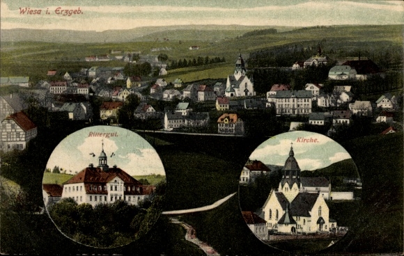 Ak Wiesa Thermalbad Wiesenbad im Erzgebirge, Panorama, Rittergut, Kirche