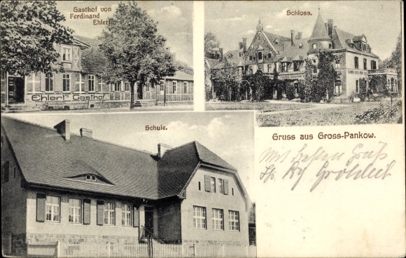 Postcard Groß Pankow Prignitz, castle, school, inn