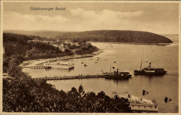 Postcard Glücksburg on the Baltic Sea, bay, pier