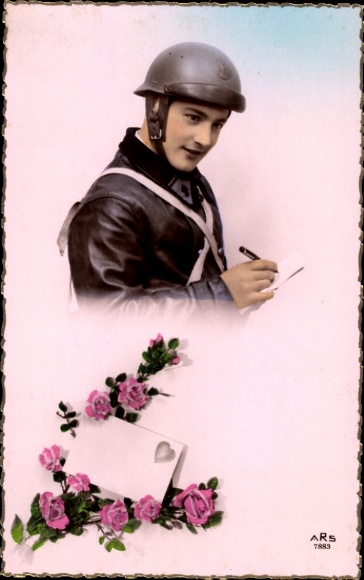 Postcard French soldier in uniform writes a love letter, soldier's love
