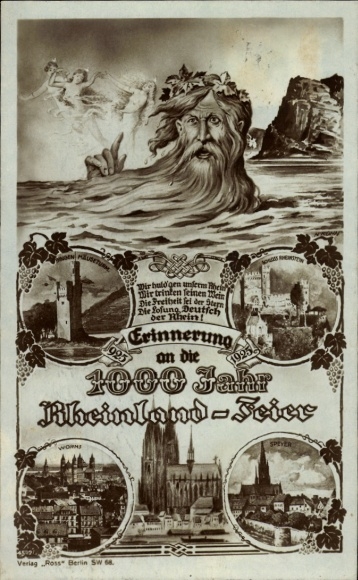 Postcard 1000-Year Celebration Rhineland, Father Rhine, Cologne Cathedral, Bingen Mouse Tower, Rheinstein Castle