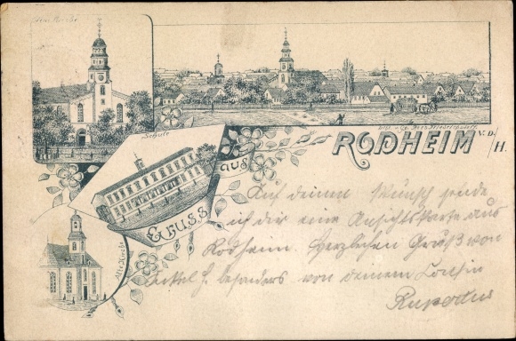 Chromo-Litho Rodheim Rosbach in front of the height in the Wetterau district, school, church, panorama