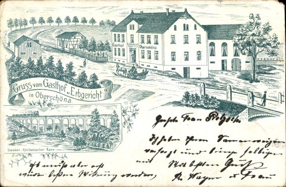 Litho Oberschöna in Sachsen, Gasthof Erbgericht, Eisenbahnviadukt