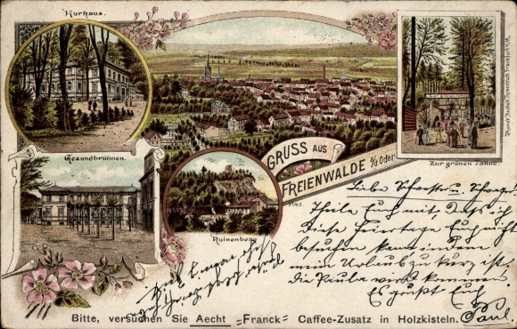 Chromo-Litho Bad Freienwalde on the Oder, general view, spa house, Gesundbrunnen, Ruinenberg