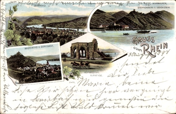 Chromo-Litho Bornhofen am Rhein, Oppard, Panorama, Starkenberg, Liebenstein, Marksburg, Braubach