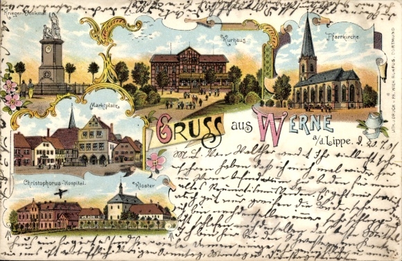 Chromo-Litho Werne an der Lippe Westphalia, war memorial, market square, spa house, monastery, parish church