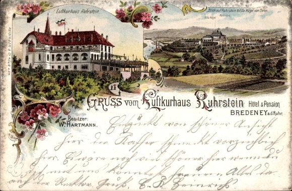 Chromo-Litho Bredeney Essen in the Ruhr area, Luftkurhaus Ruhrstein, Panorama, Villa Hügel