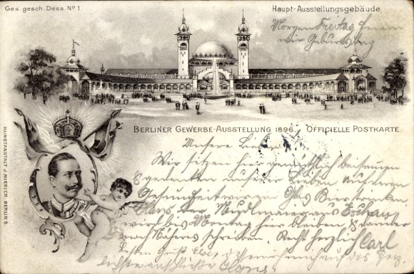 Litho Berlin Treptow, Gewerbeausstellung 1896, Hauptgebäude, Engel, Kaiser Wilhelm II.