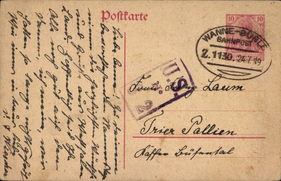 Stempel pocztowy kolei Wanne - Burlo, pociąg 1130, 24 lipca 1919, na pocztówce stacjonarnej