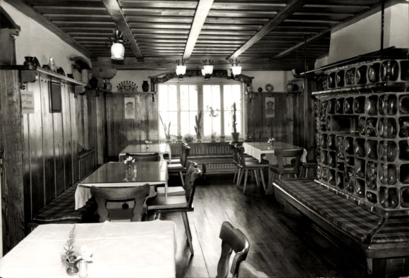 Postcard Carlsfeld Eibenstock in the Ore Mountains, cozy farmhouse parlor, wooden furnishings, tables and benches...