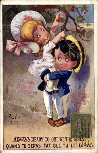Artist Postcard Right, Always ready to oblige the girls, Boy helps girl to pick cherries