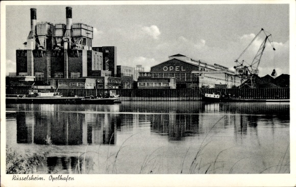 Postcard Rüsselsheim am Main Hesse, Opelhafen, industrial plants, cranes