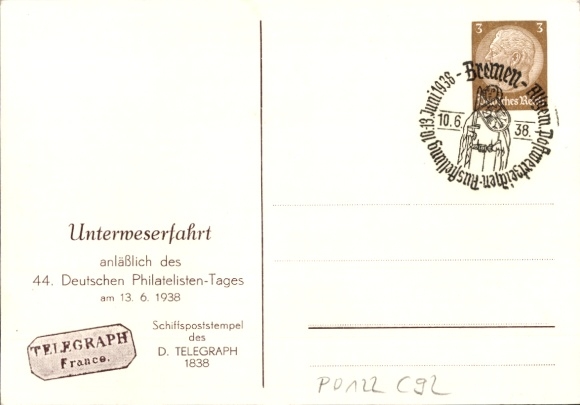 Postwaardestukkunstenaar Ak Schiffspost Bremen Bremerhaven 1827-1851, postzegeltentoonstelling 1938