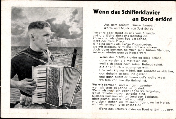 Song Postcard When the ship's piano sounds on board, sailor with accordion, Kriegsmarine